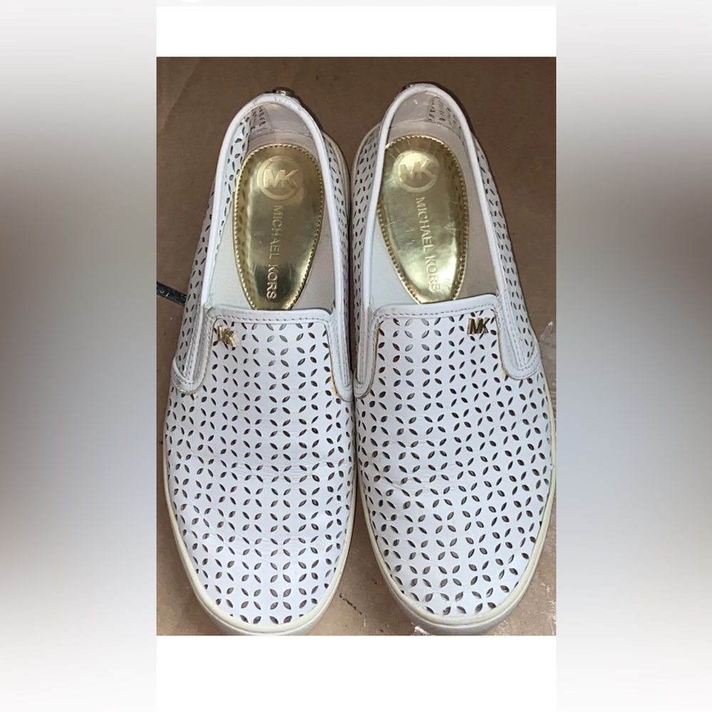 Michael Kors Olivia Perforated Slip on Sneakers Size 6M Gold hardware Monogram